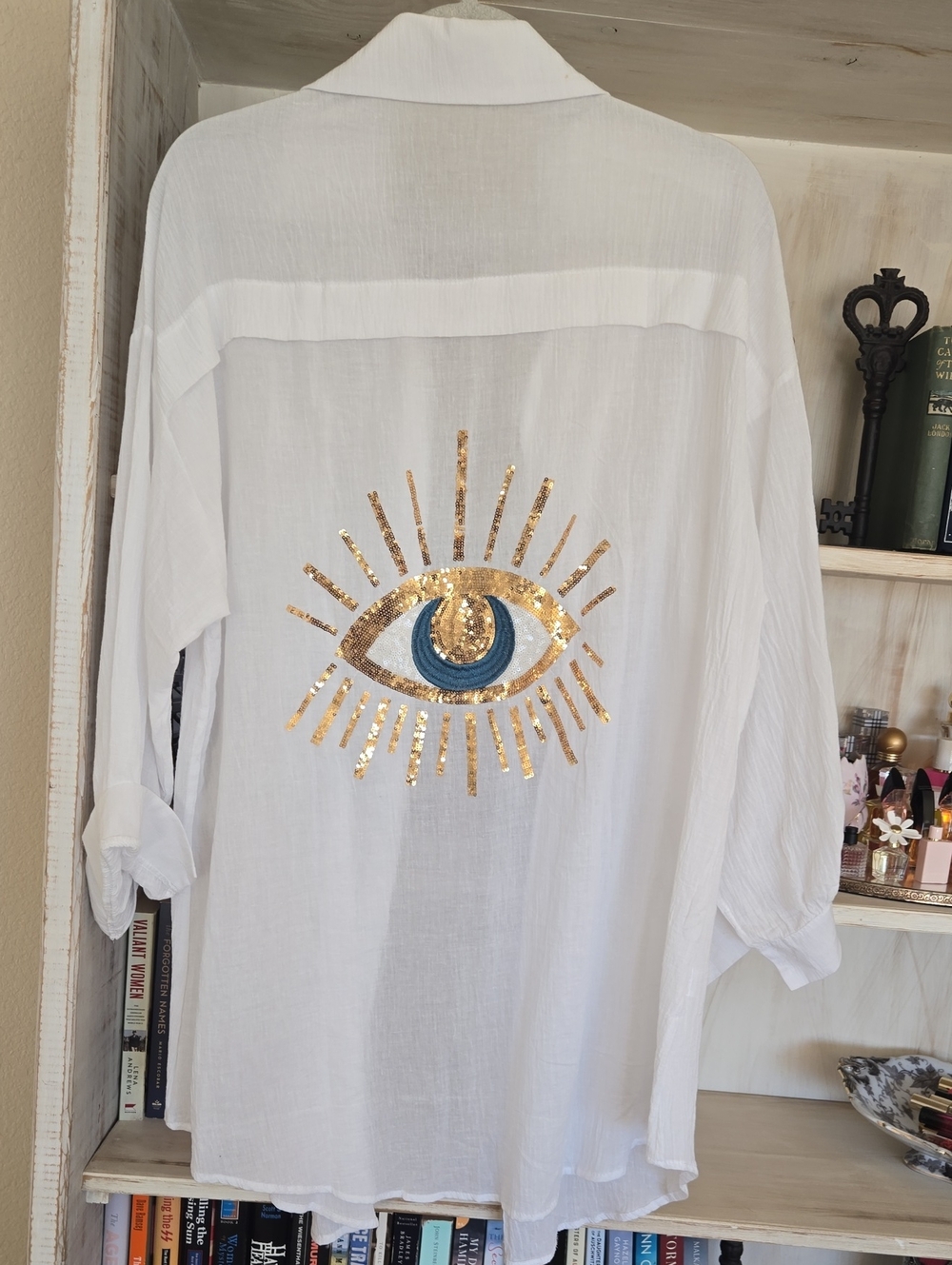 White Sequin Eye-Embellished Oversized Blouse